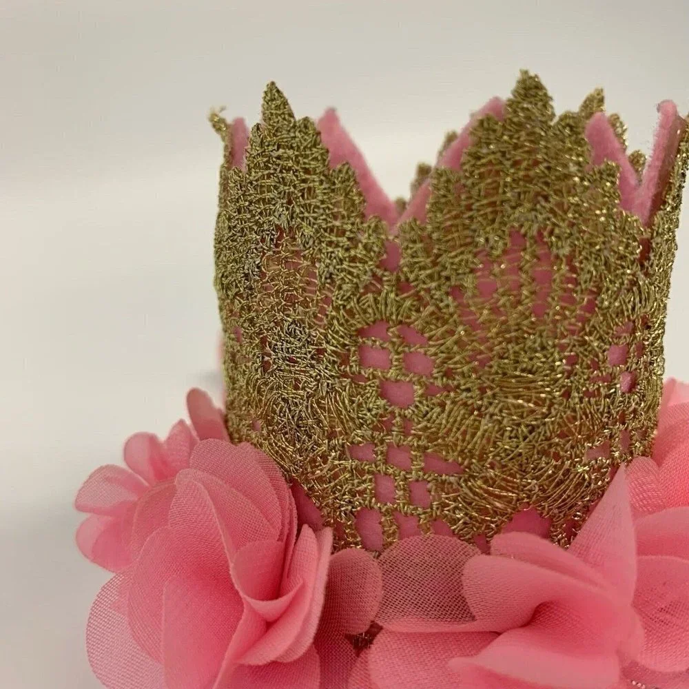 Baby First Birthday Hat Crown Gold Pink Roses w Elastic Small Photo Shoot Party